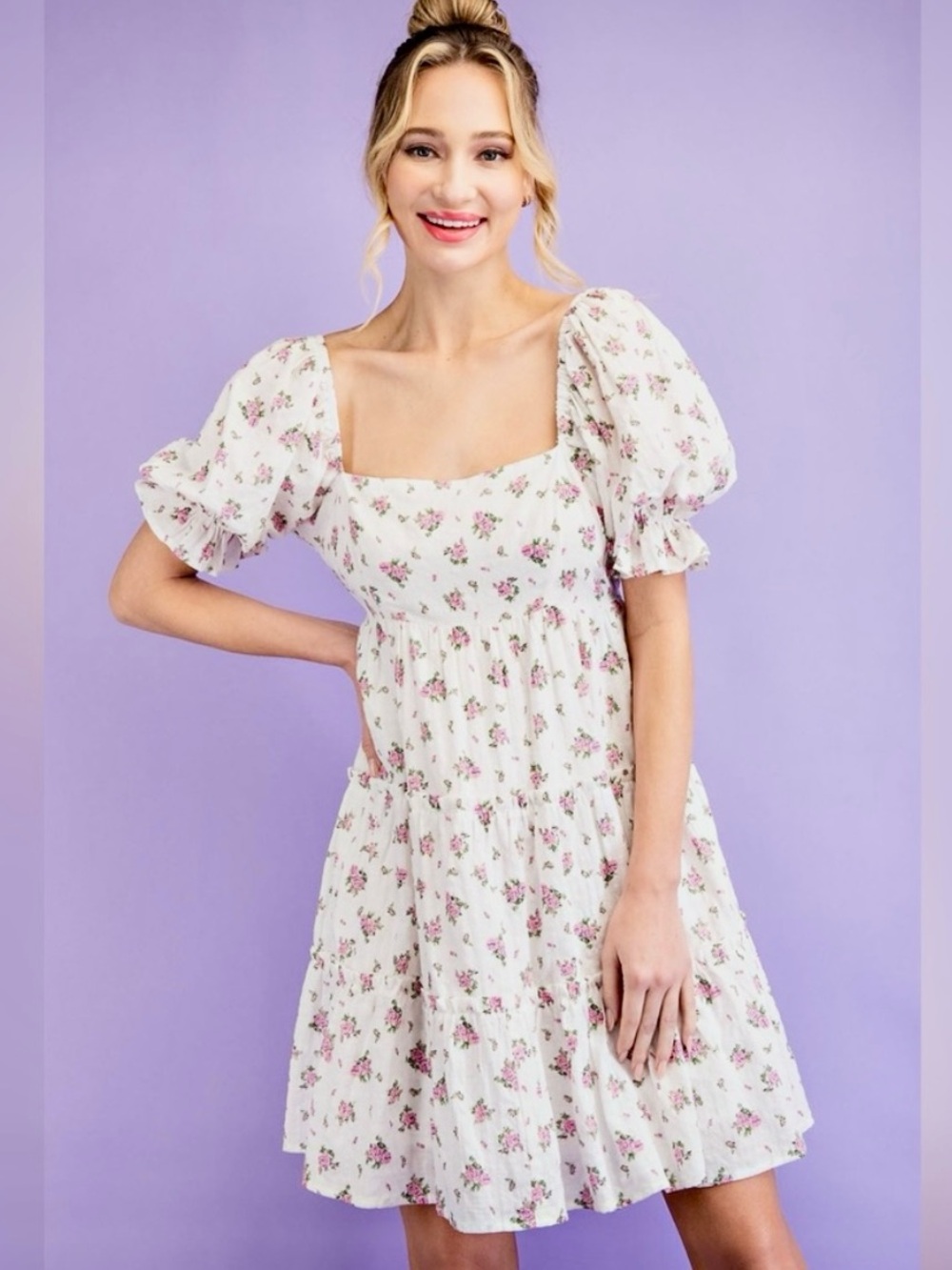 eesome White Dress with Pink Mini Rose Print Cottagecore Girlhoodcore Floral M